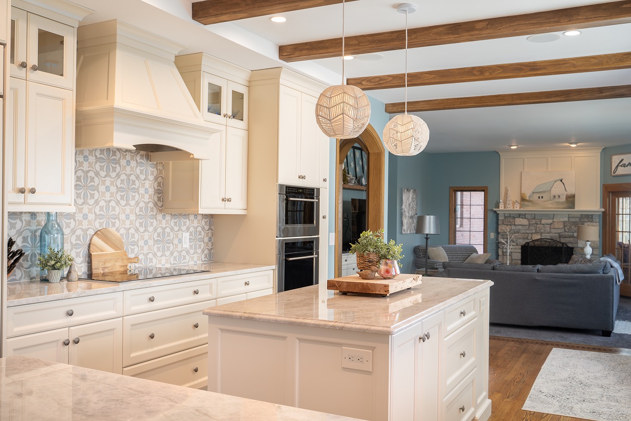 White Kitchen, Blue Living Room, Minneapolis Custom Kitchens